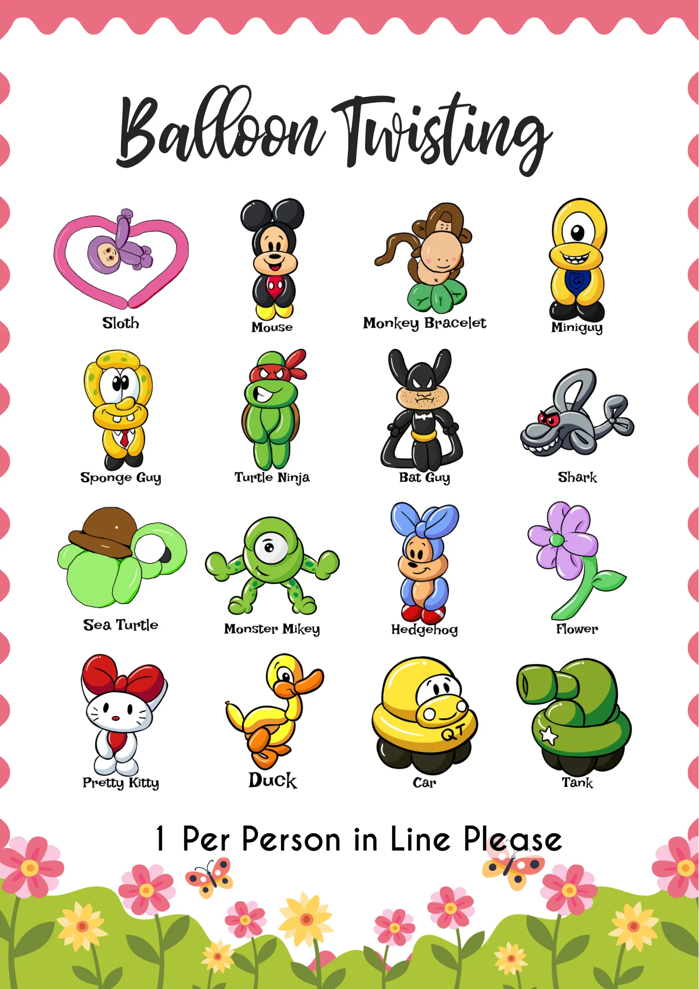 Balloon twisting design menu page 1 — Sloth, Mouse, Monkey Bracelet, Miniguy, Sponge Guy, Turtle Ninja, Bat Guy, Shark